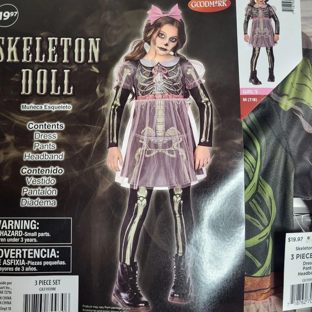 New Skeleton Doll Halloween Costume‎ Girl's Medium 7-8 Black Dress Up Outfit
